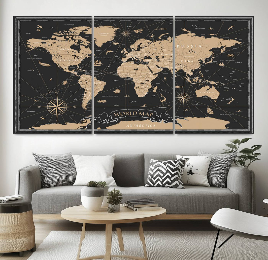 The Vintage World Map Wall Art Canvas Print in beige and black tones is a highlight in the room, making it a perfect space for travel lovers.