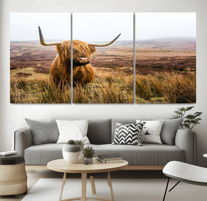 Scottish Highland Cow Wall Art Canvas Print | Ready to Hang and Framed | Rustic Farmhouse Decor for Living Room or Cabin