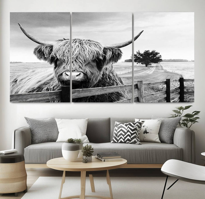 Scottish Highland Cow Wall Art | Rustic Farmhouse Décor | Black and White Ready to Hang Canvas Print