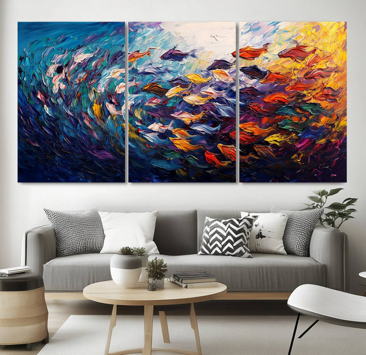 Vibrant Abstract Fish Swarm Art – Colorful Fish Inspired 3-Piece Canvas Wall Art for Living Room or Office – Framed and Ready to Hang