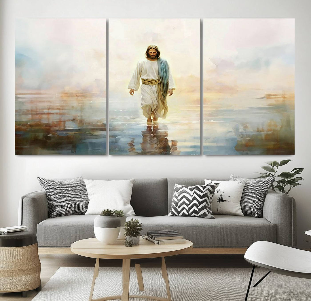 Framed Jesus Walking on Water Wall Art - 3-Panel Christian Canvas Prints, Religious Artwork, Ready to Hang Home Decor for Living Room, Office, or Church