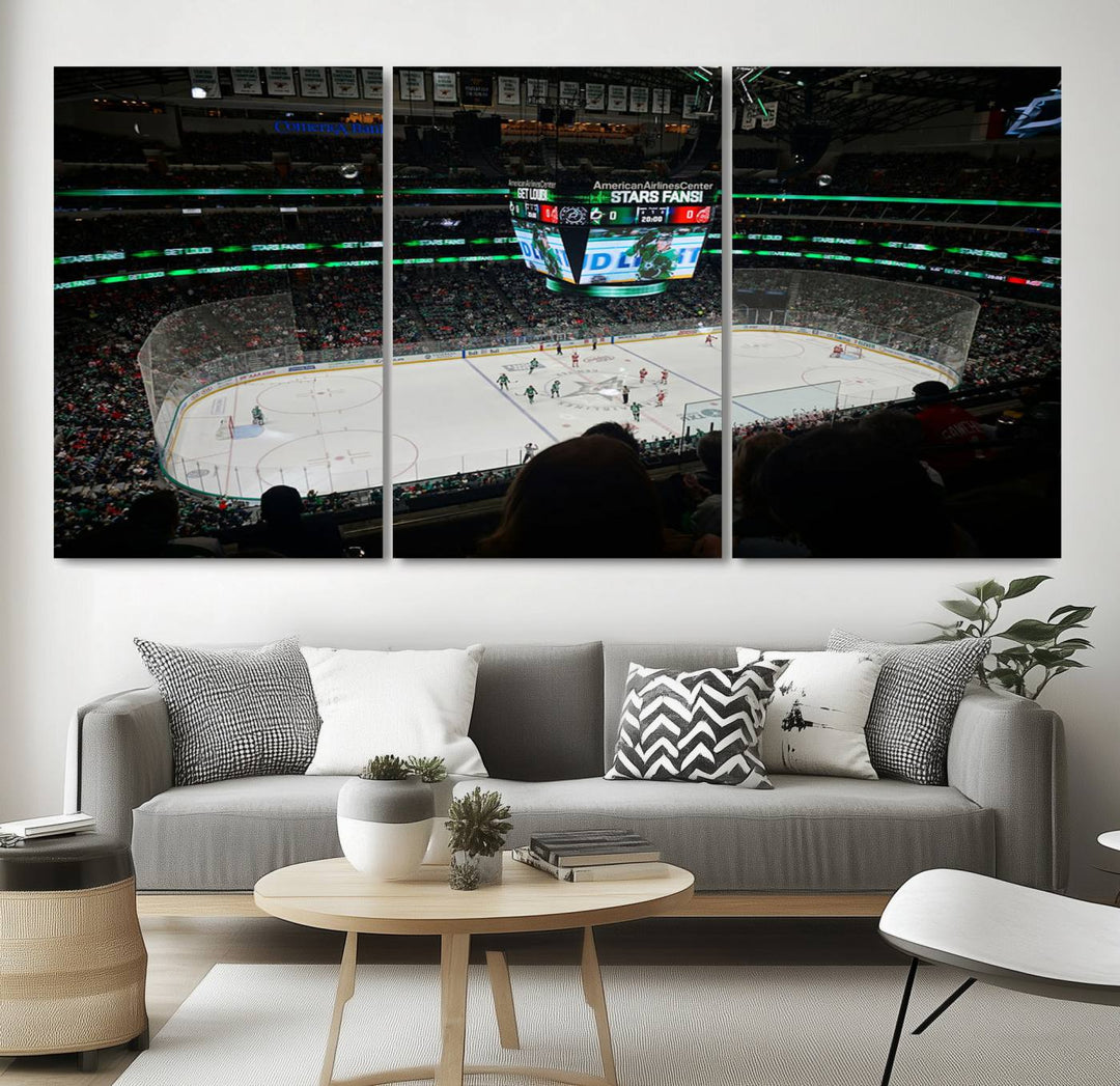 The Dallas Stars Wall Art Canvas Print is as clear as the scoreboard stats at a hockey game in a large arena with bright lights.