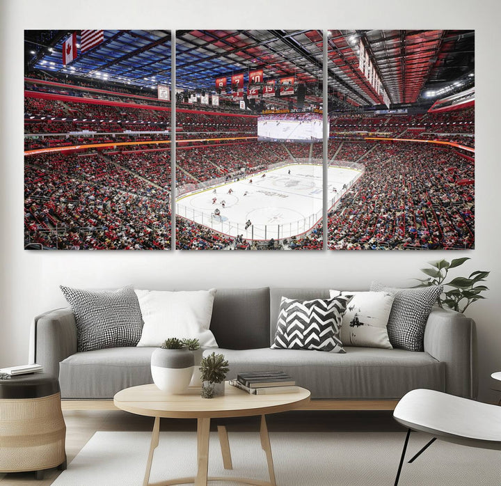 A Barton Malow canvas depicting Little Caesars Arena from above is beautifully printed in high resolution for your wall.