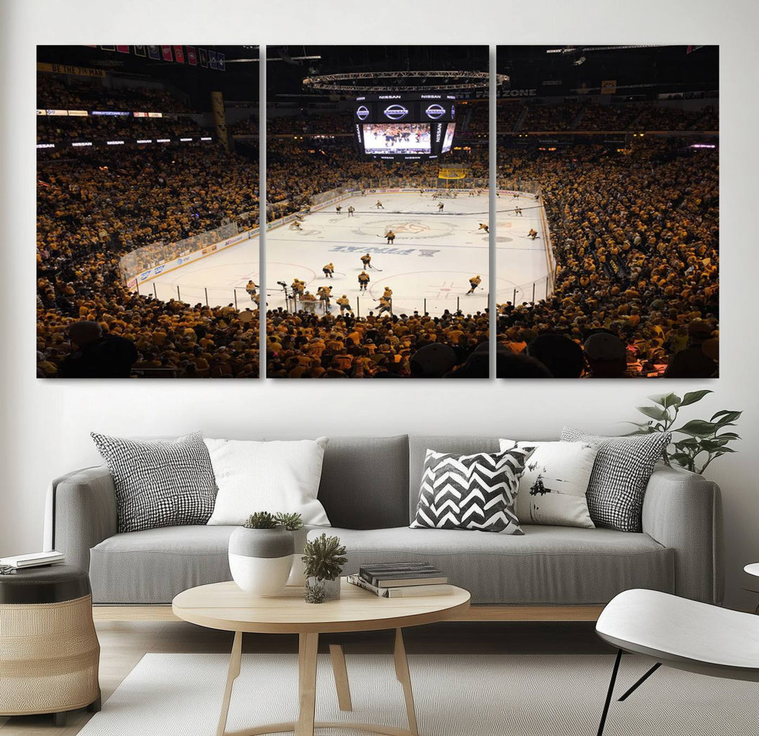 A captivating triptych canvas print, titled "Bridgestone Arena - Nashville Predators Hockey Team Print," adorns the wall. This Nashville wall art canvas print is perfect for Predators fans who appreciate sports-themed decor.