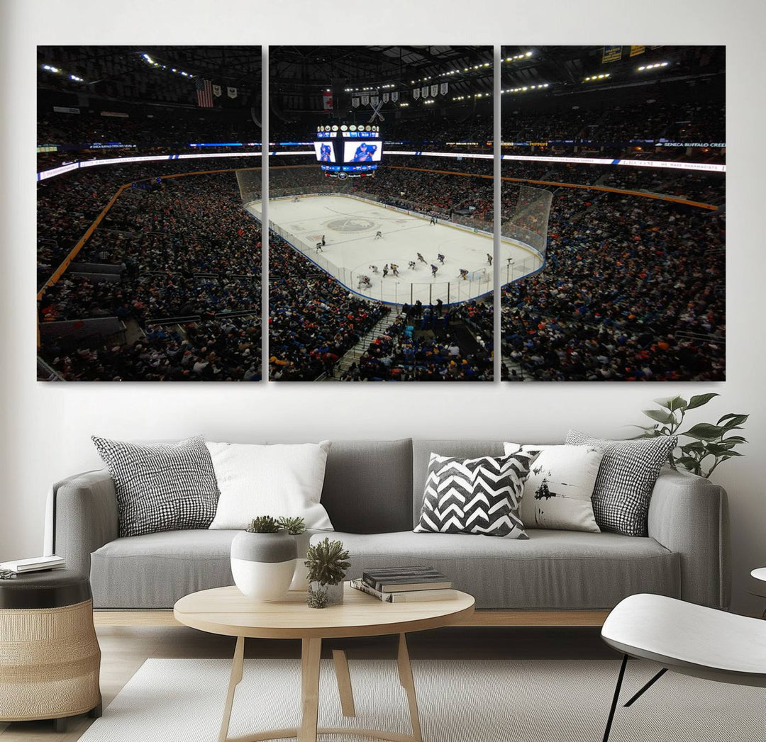 The nautical-themed room is enhanced by the KeyBank Center New York Buffalo Sabres Hockey Stadium Wall Art Canvas Print, a three-panel depiction of a bustling hockey arena with a gallery-quality finish. This canvas artwork, handmade in the USA, introduces an element of sporting elegance to your decor.