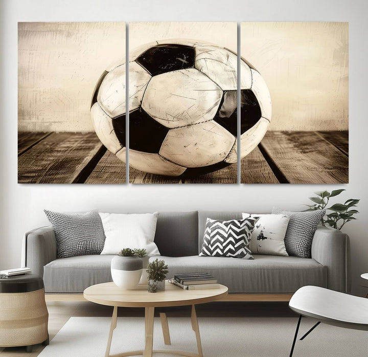 Vintage Soccer Ball Triptych Canvas Art – 3-Panel Soccer Wall Decor, Framed and Ready to Hang Sports Art for Home, Office, or Gym