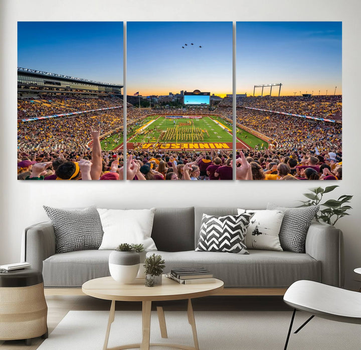 Canvas wall art featuring the University of Minnesota Football Team print, showcasing Huntington Bank Stadium at sunset with jets overhead.