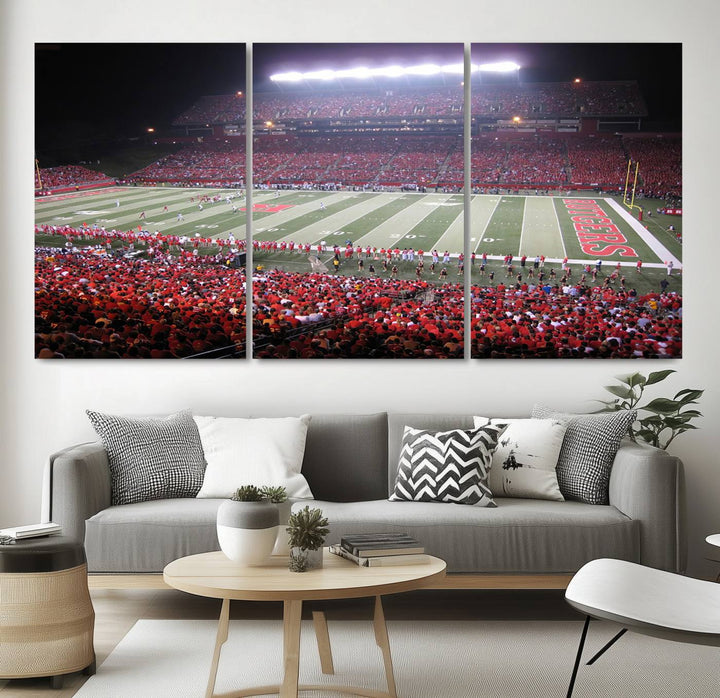 A bustling night game at SHI Stadium is captured as Rutgers Scarlet Knights wall art on a gallery-quality canvas print.