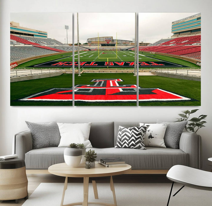 Gallery-quality print of Lubbock Jones AT&T Stadium featuring the Texas Tech Red Raiders field, highlighted by red and gray bleachers.