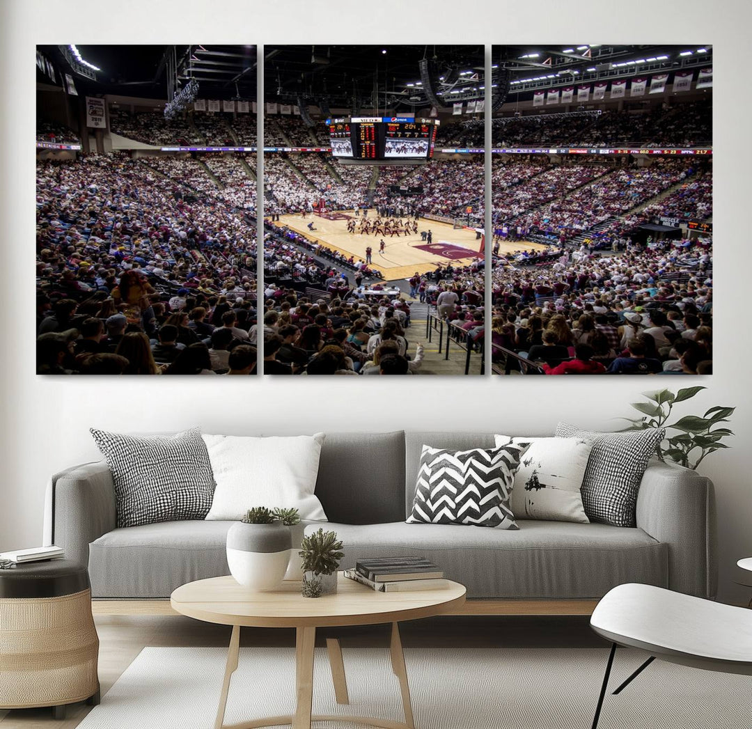 The Nebraska Basketball Arena Wall Art Canvas features an arena filled with Cornhuskers fans and players beneath a scoreboard.