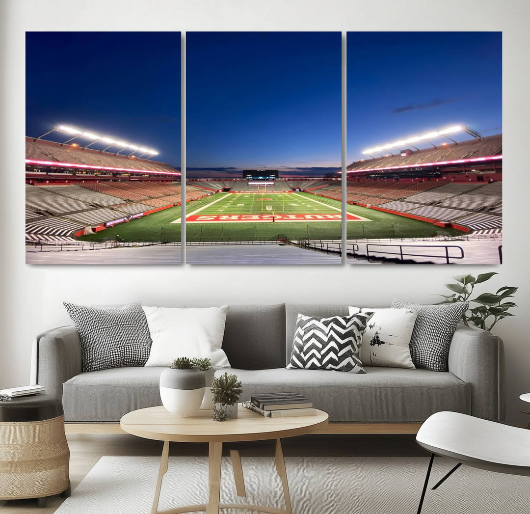 A large SHI Stadium at dusk, ideal for a Rutgers Scarlet Knights Football Team canvas print.