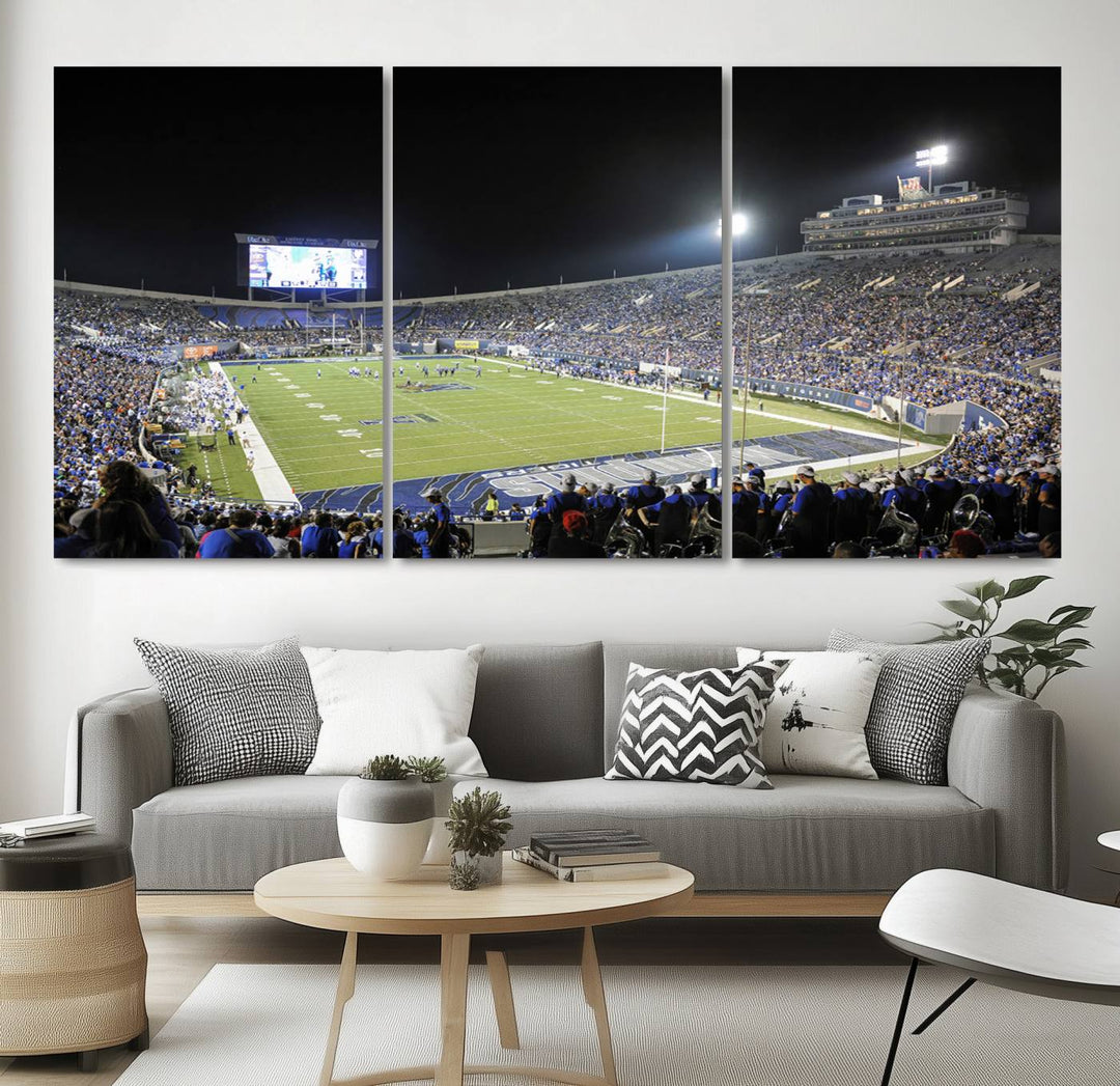 A vibrant depiction of Liberty Stadium at night, highlighting a Tigers football game on the large screen with stands filled with enthusiastic fans.