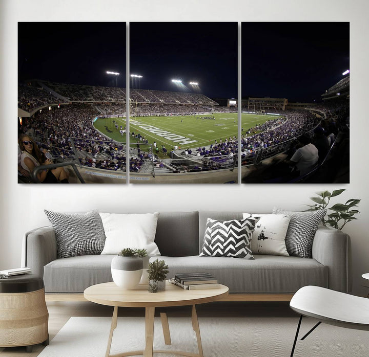 The wall art print features a night view of Amon G. Carter Stadium filled with TCU fans, showcased in the Horned Frogs Football Canvas Wall Art.