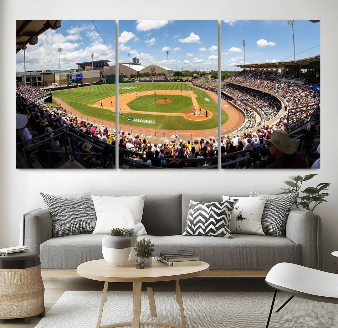 A baseball stadium under a blue sky, capturing the energy of The Texas A&M Aggies Athletics Kyle Field Wall Art.