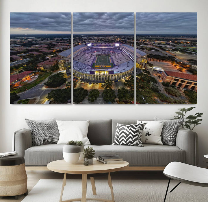 The LSU Tigers Football Team Baton Rouge Tiger Stadium Canvas is displayed prominently, capturing attention with its vivid depiction of the iconic stadium.