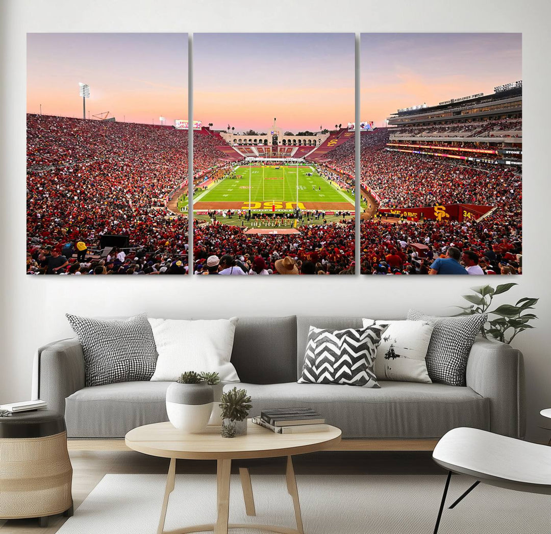 A USC Trojans wall art canvas print highlights the scene, depicting the Coliseum Stadium at sunset.