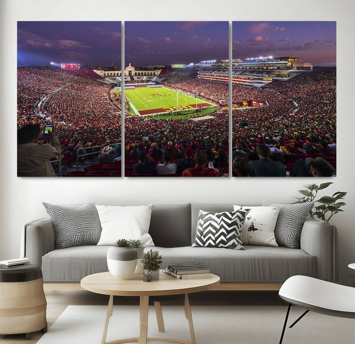 The vibrant wall art canvas print captures the USC Trojans playing under lights at dusk in LA Memorial Coliseum.