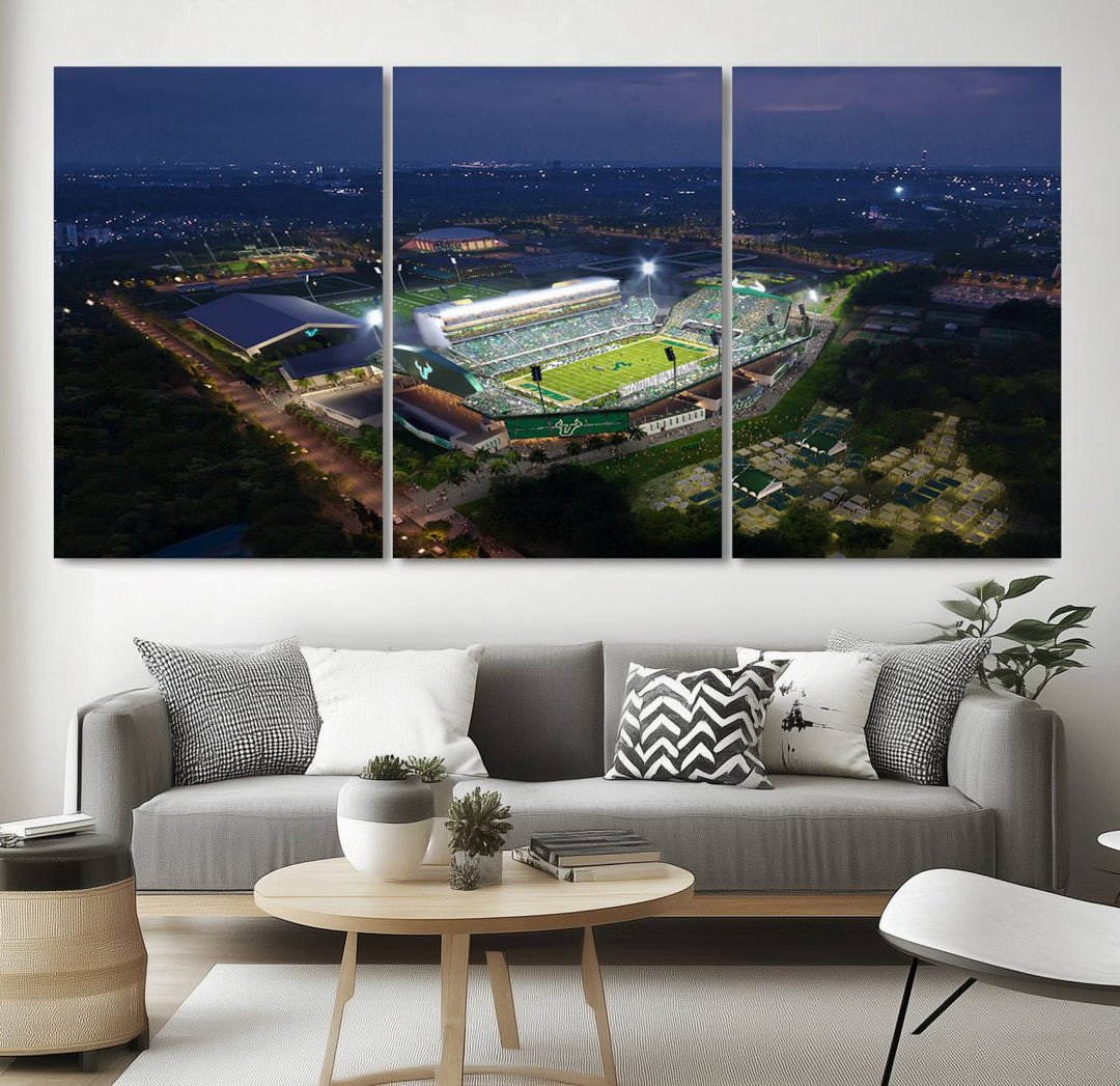 The USF Bulls Football Team Wall Art Canvas Print showcases the Tampa USF Football Stadium at night with city lights.