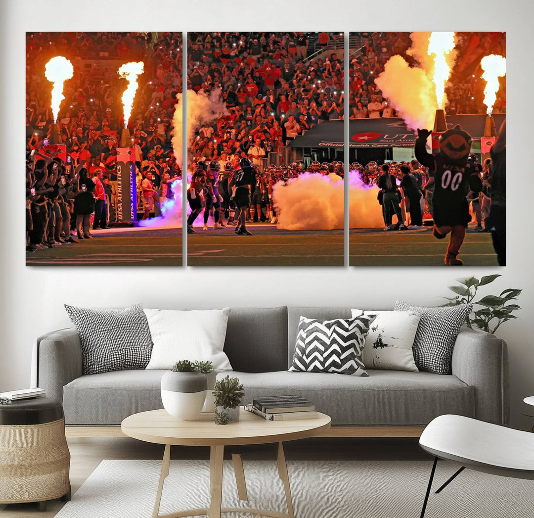 This canvas print captures the UTSA Roadrunners storming the Alamodome under smoke and fire.