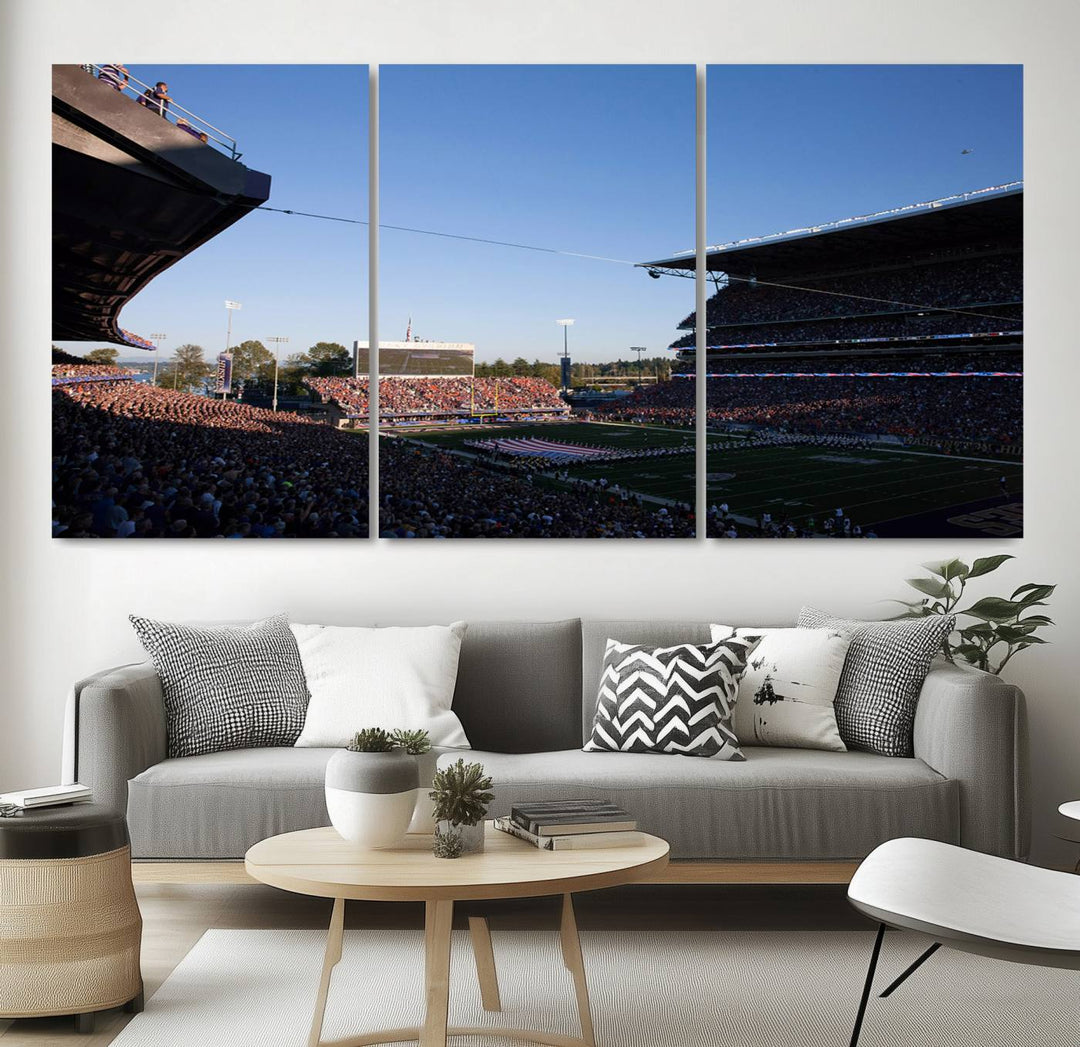 The University of Washington Huskies wall art print depicts Husky Stadium coming alive with fans as flags flutter.