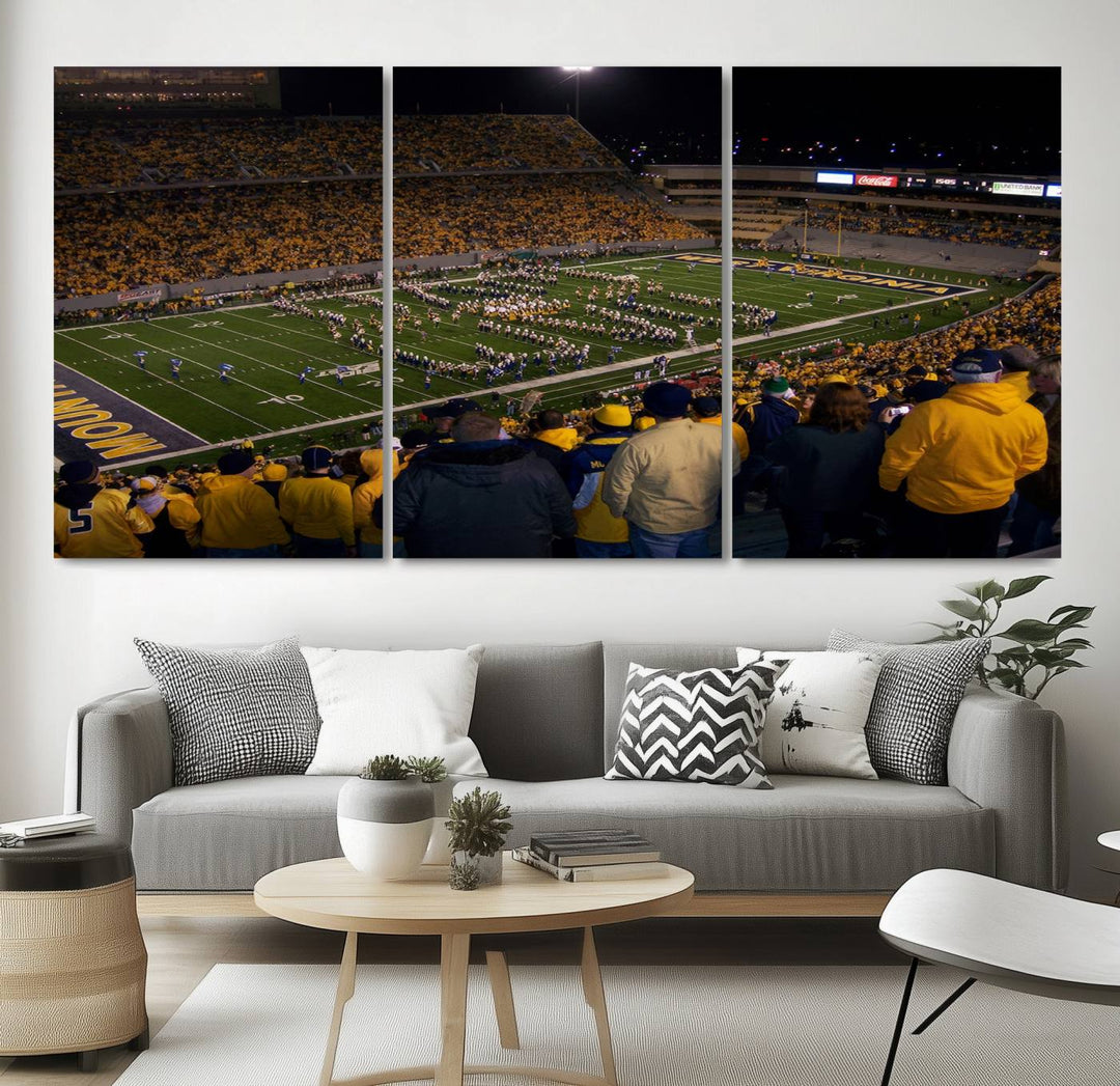 West Virginia Uni Mountaineers Football Team Print - Milan Puskar Stadium Canvas Print Wall Art, Morgantown Print