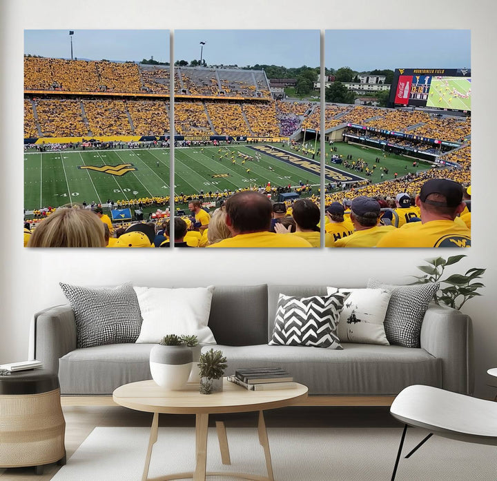 A Puskar Stadium canvas print decorates the modern living room shelf.