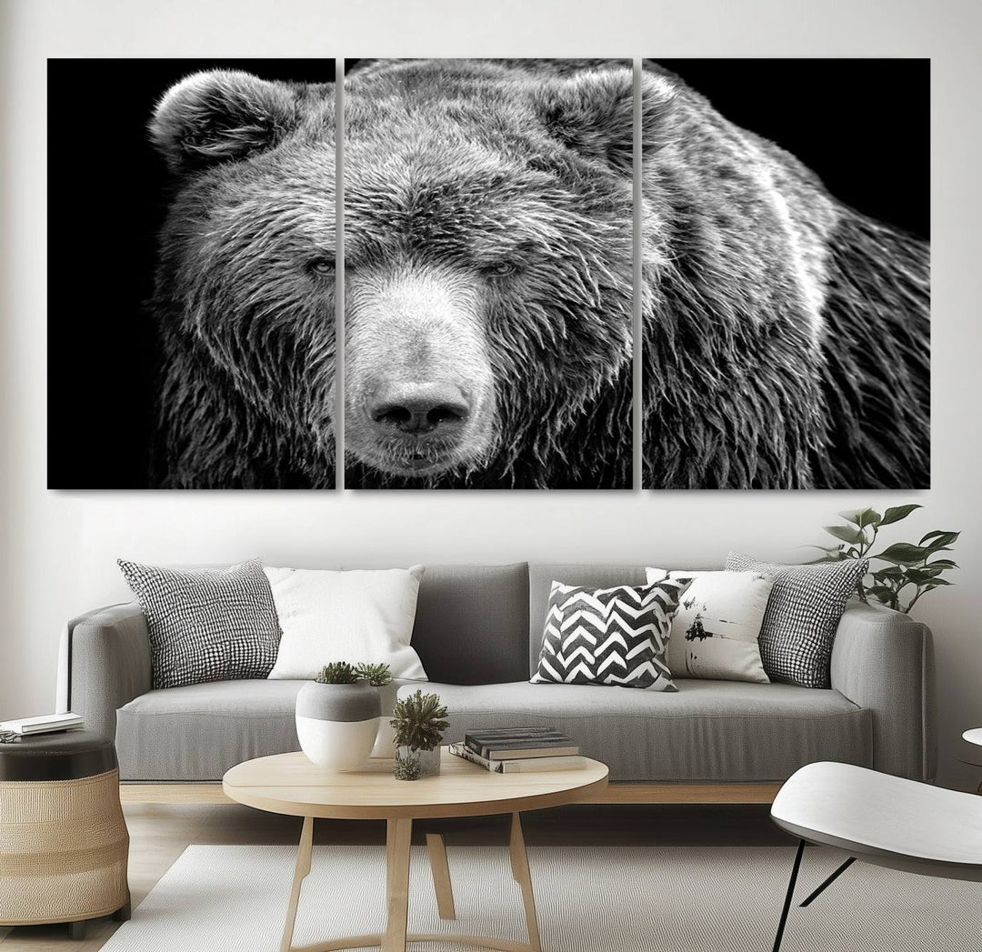 The 399 Grizzly Bear Canvas Print is displayed prominently on a wall in a modern living room.