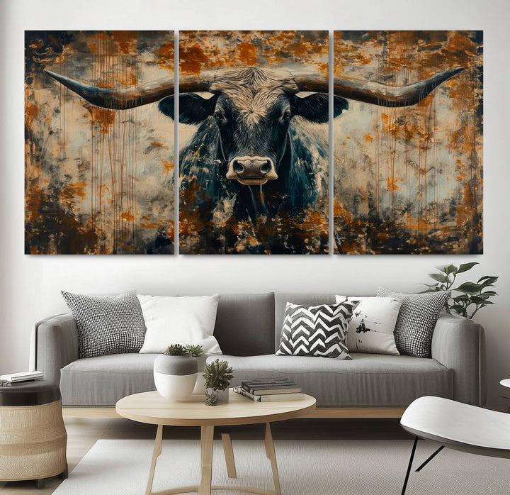 Abstract Longhorn Bull Wall Art | Rustic Western Wall Decor | Framed and Ready to Hang | Ideal for Farmhouse, Lodge, and Barn Decor