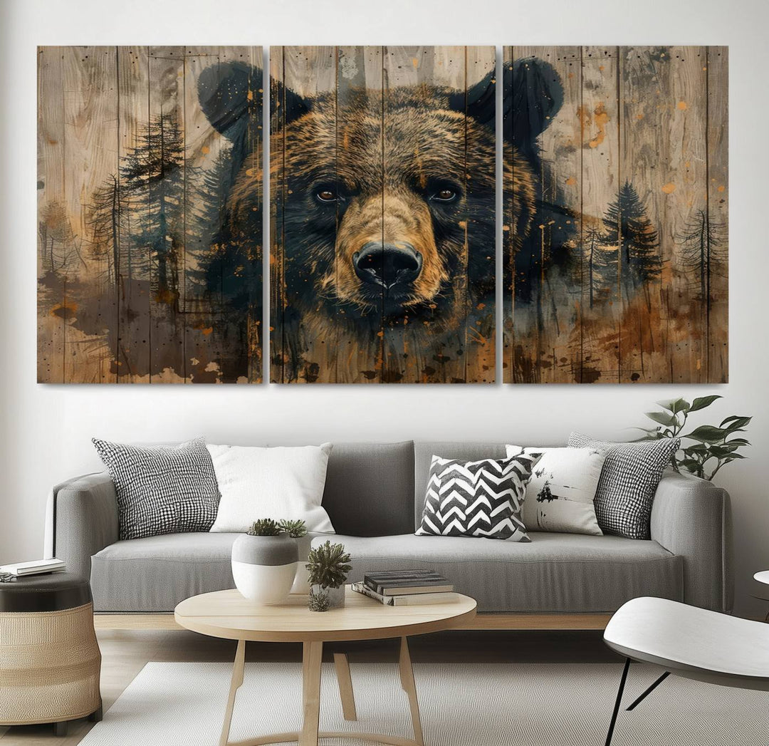 The Abstract 399 Bear Wall Art, featuring a rustic cabin theme with forest design, is framed and ready to hang. It's ideal for lodge, cabin, and barn decor and perfectly complements the nature lover's aesthetic.