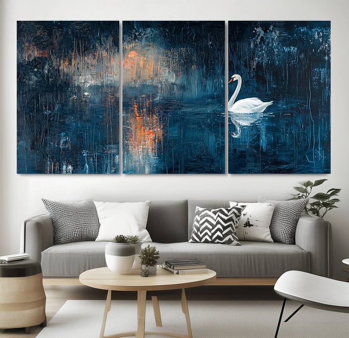 Abstract Swan Wall Art | Moody Blue and Orange Swan Painting on Canvas | Framed and Ready to Hang | Elegant and Modern Art for Living Room or Bedroom Decor