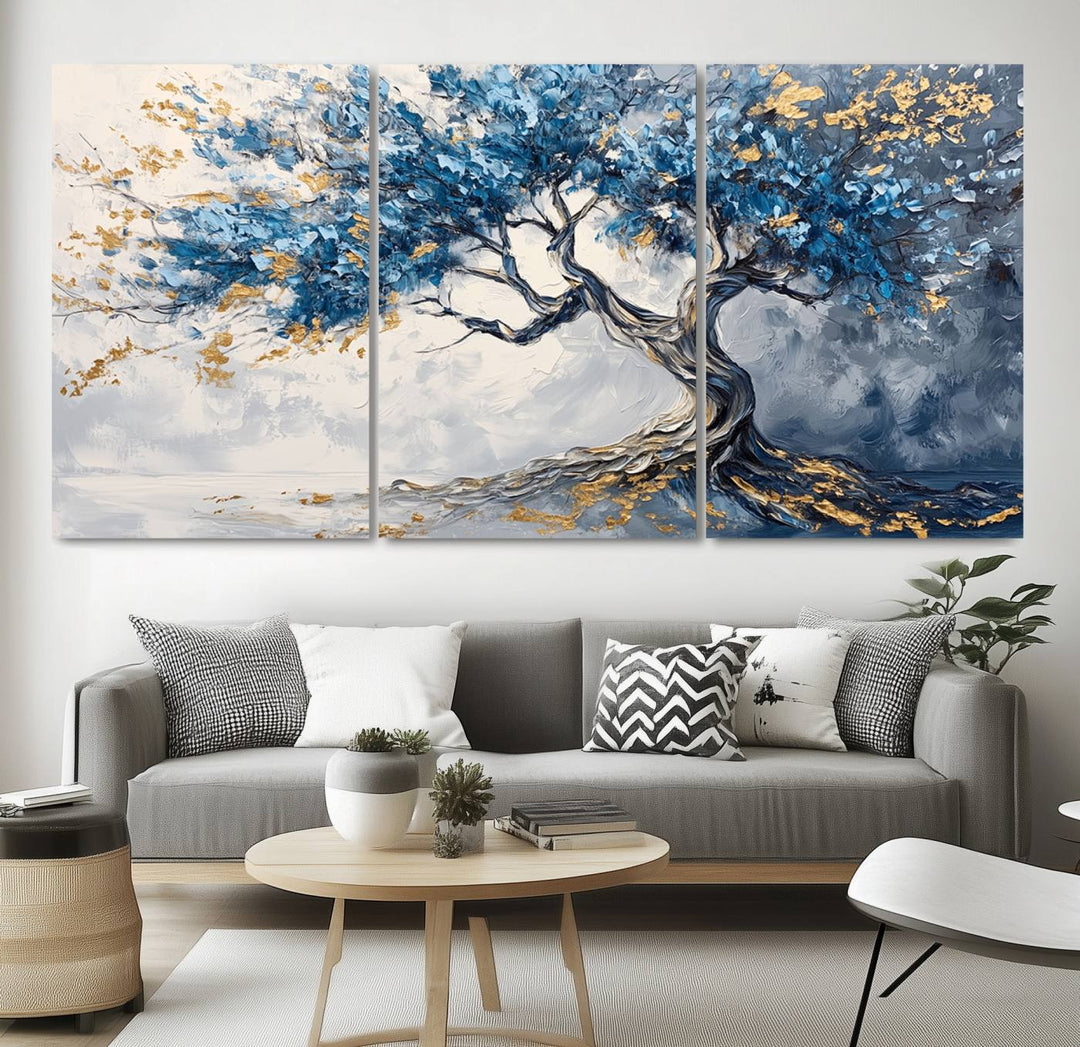 Elegant Abstract Tree Canvas Wall Art | Tree of Life Painting | Textured Art in Blue and Gold | Framed & Ready to Hang for Modern Living Room Decor