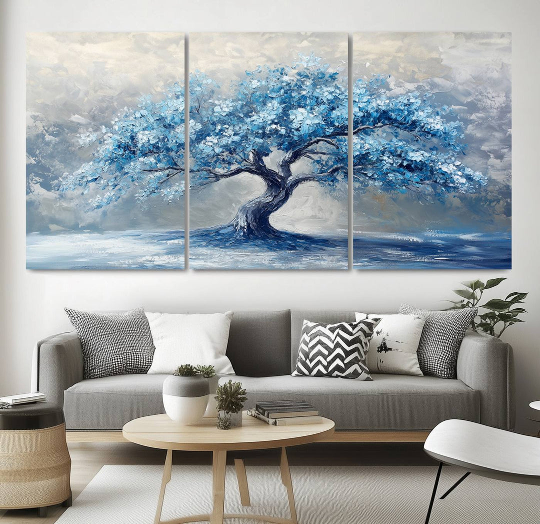 Serene Abstract Blue Tree Wall Art | Canvas Print of a Majestic Tree in Blue Hues | Perfect for Farmhouse, Coastal, and Modern Decor