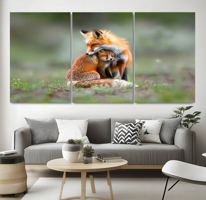 Heartwarming Fox and Baby Cub Wall Art | Ready to Hang Canvas Print of Foxes in Nature | Perfect for Animal Lovers, Rustic Decor, and Cabin Wall Art