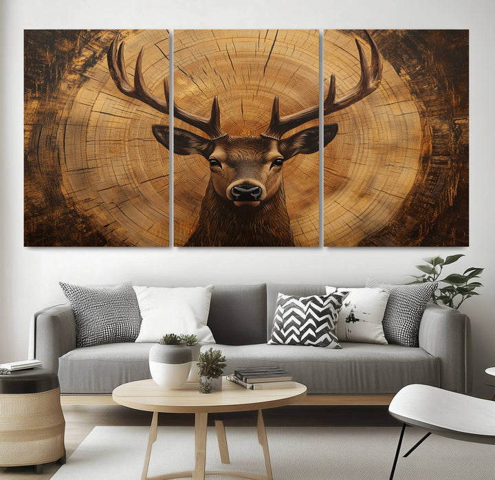 Deer Wall Art Canvas Print | Ready to Hang Canvas Print of a Stag with Rustic Tree Rings | Perfect for Farmhouse Wall Decor, Cabin Wall Art