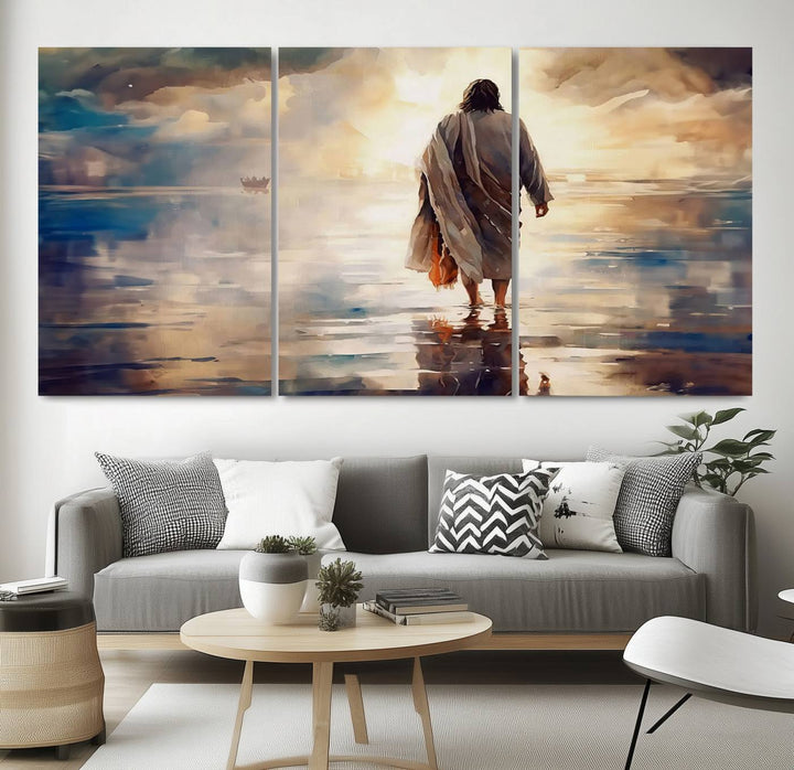 Jesus Walking on Water Wall Art | Ready to Hang Spiritual Triptych Canvas Print | Inspirational Christian Decor for Home or Church