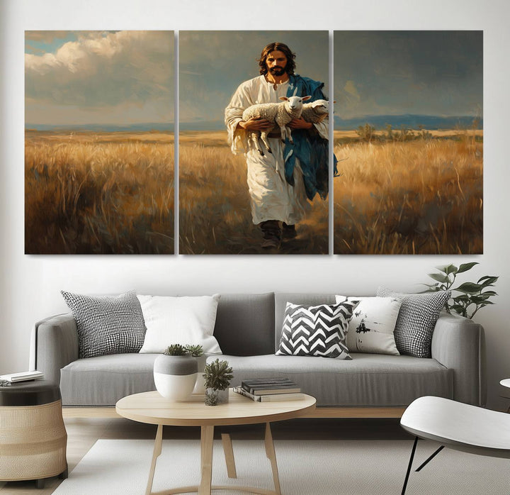 Jesus Shepherd Wall Art | Ready to Hang Triptych Canvas of Jesus Holding a Lamb in a Field | Inspirational Christian Decor for Home