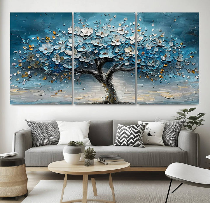 Abstract Blooming Tree Wall Art Print features blue, white, and gold textures on museum-quality canvas, perfect for modern decor.