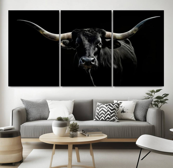 Texas Black Longhorn Bull Wall Art Canvas Print - Western Texas Cattle Rustic Decor Print - Longhorn Cow Wall Art