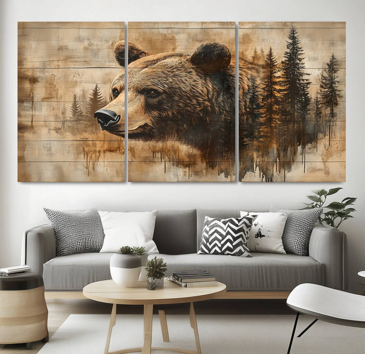 Abstract Rustic Grizzly Bear Wall Art Canvas Print - Woodland Wildlife Forest Print for Farmhouse Decor