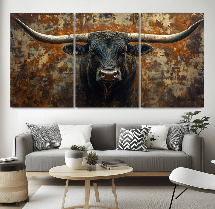 Abstract Longhorn Texas Bull Wall Art | Rustic Farmhouse Canvas Print | Ready to Hang Barn Decor for Farmhouse and Cabin Style