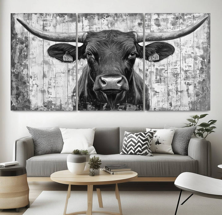 Abstract Longhorn Bull Wall Art Canvas Print - Rustic Texas Western Cow Artwork