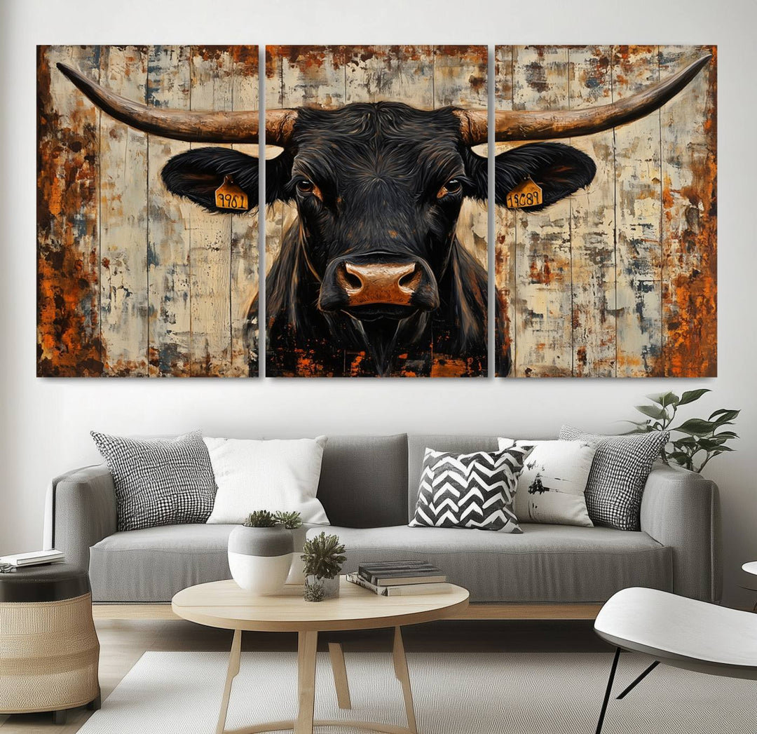 Abstract Cow Longhorn Bull Wall Art Canvas Print - Rustic Texas Western Cattle Artwork