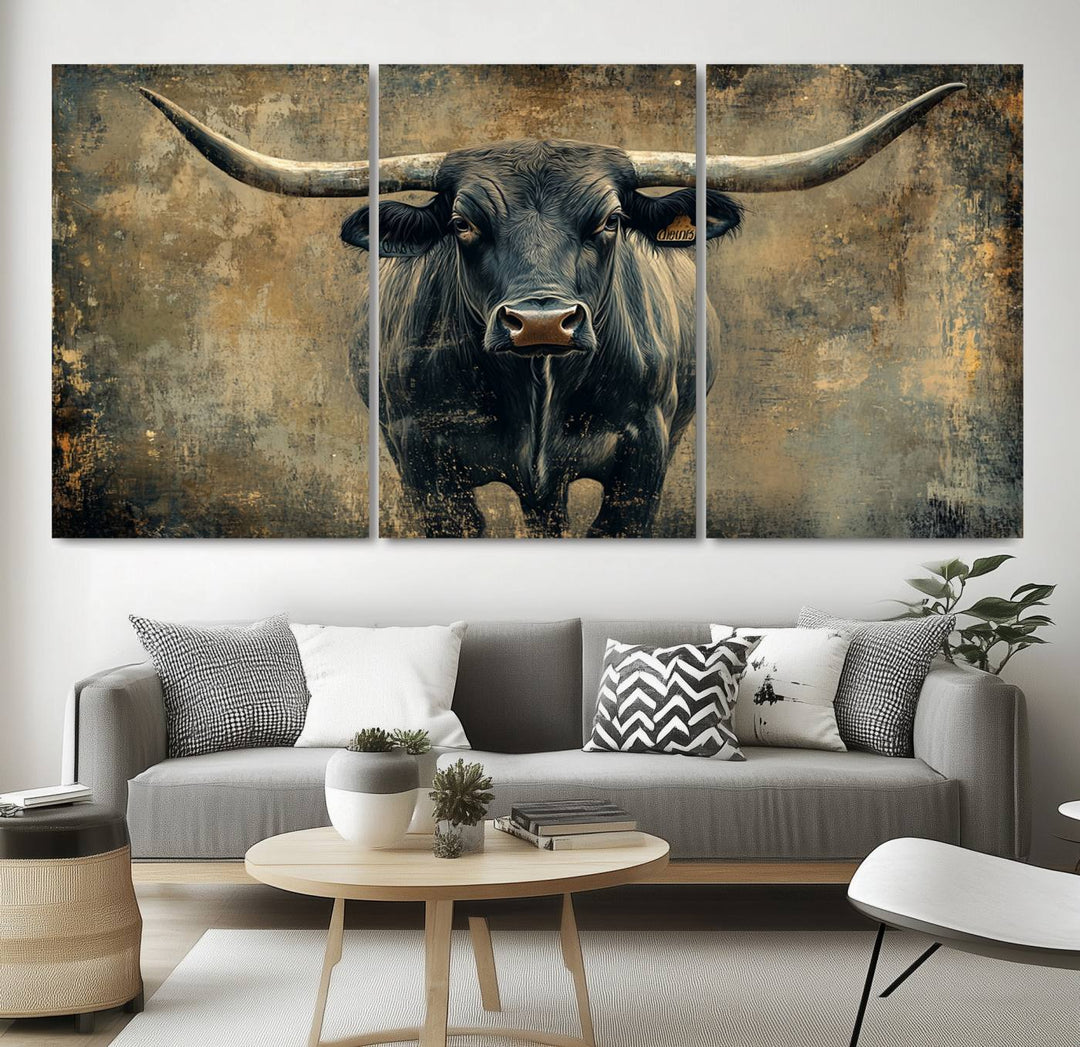 Abstract Cow Longhorn Bull Wall Art Canvas Print - Rustic Texas Western Cattle Artwork