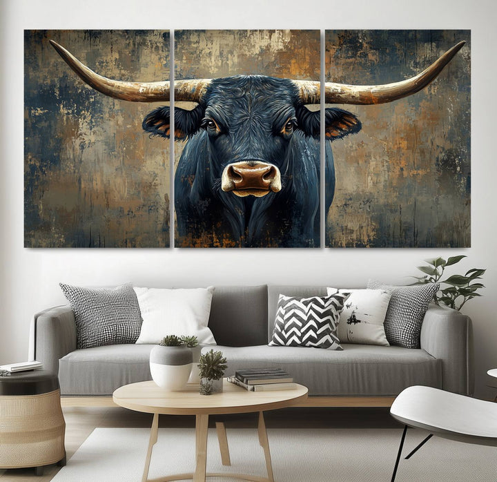 Abstract Cow Longhorn Bull Wall Art Canvas Print - Rustic Texas Western Cattle Artwork