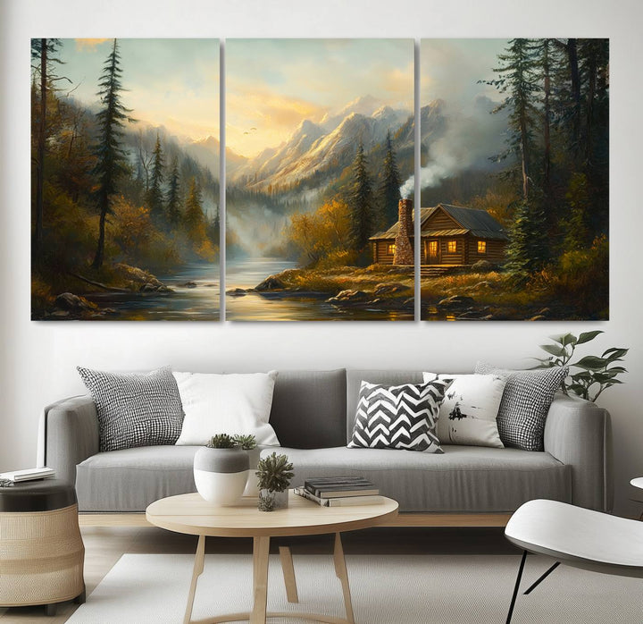 Wood Cabin Retreat Mountain at Sunset Wall Art Print - Serene Forest and River Landscape Wall Art Canvas Print