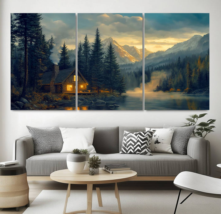 Mountain Cabin by the Lake at Sunset Wall Art - Serene Nature Canvas Print for Living Room Decor, Rustic Lodge Ambiance, 3-Panel Large Wall Art