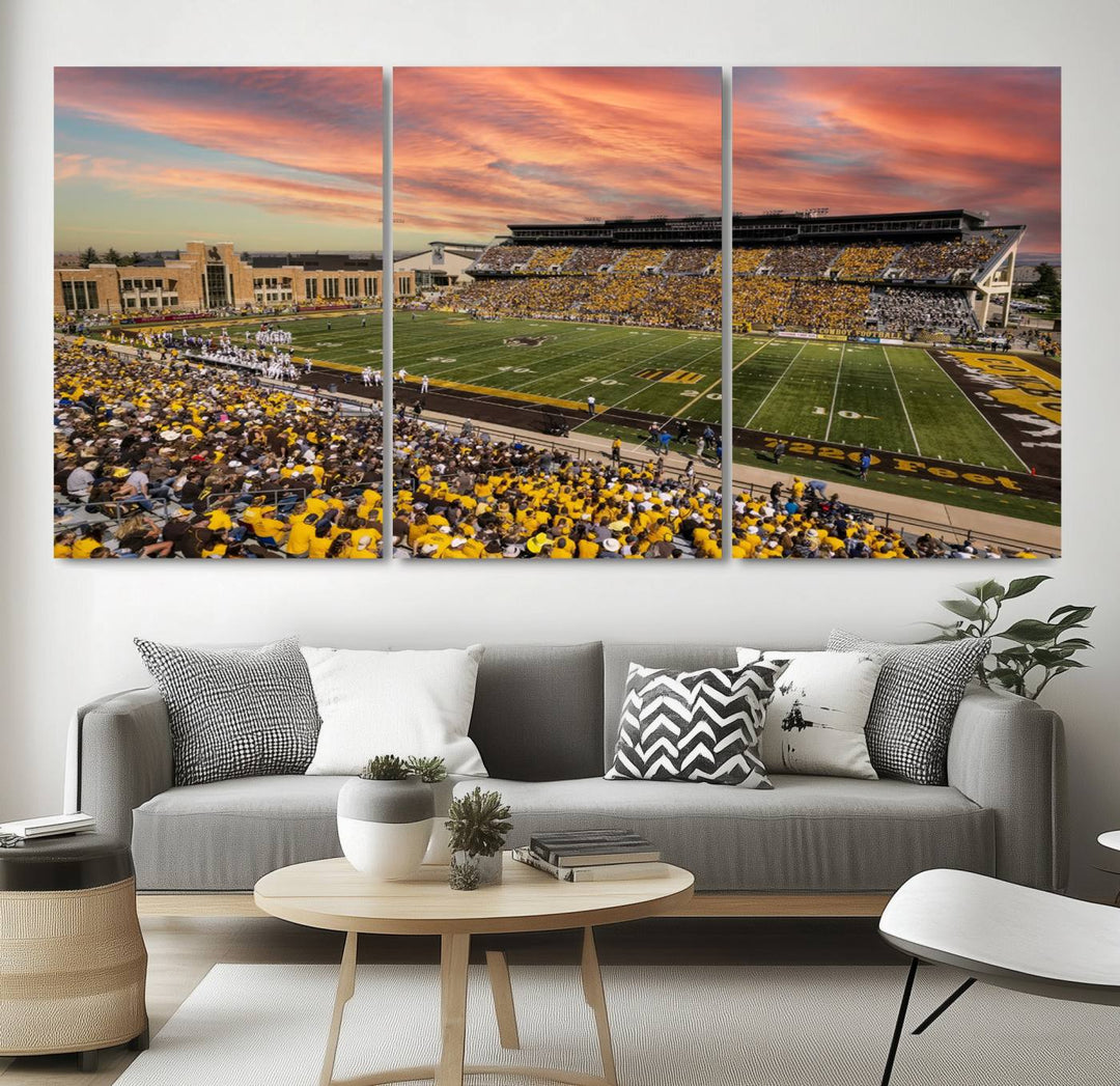 Capture the essence of a packed War Memorial Stadium at sunset with the Cowboys Football Canvas Print, highlighting fans cheering in yellow.