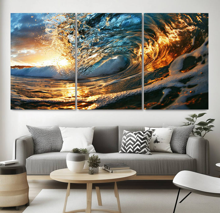 Ocean Wave at Sunset Wall Art | Ready to Hang Triptych Canvas Print | Coastal Wall Art for Living Room | Nautical and Beach House Decor