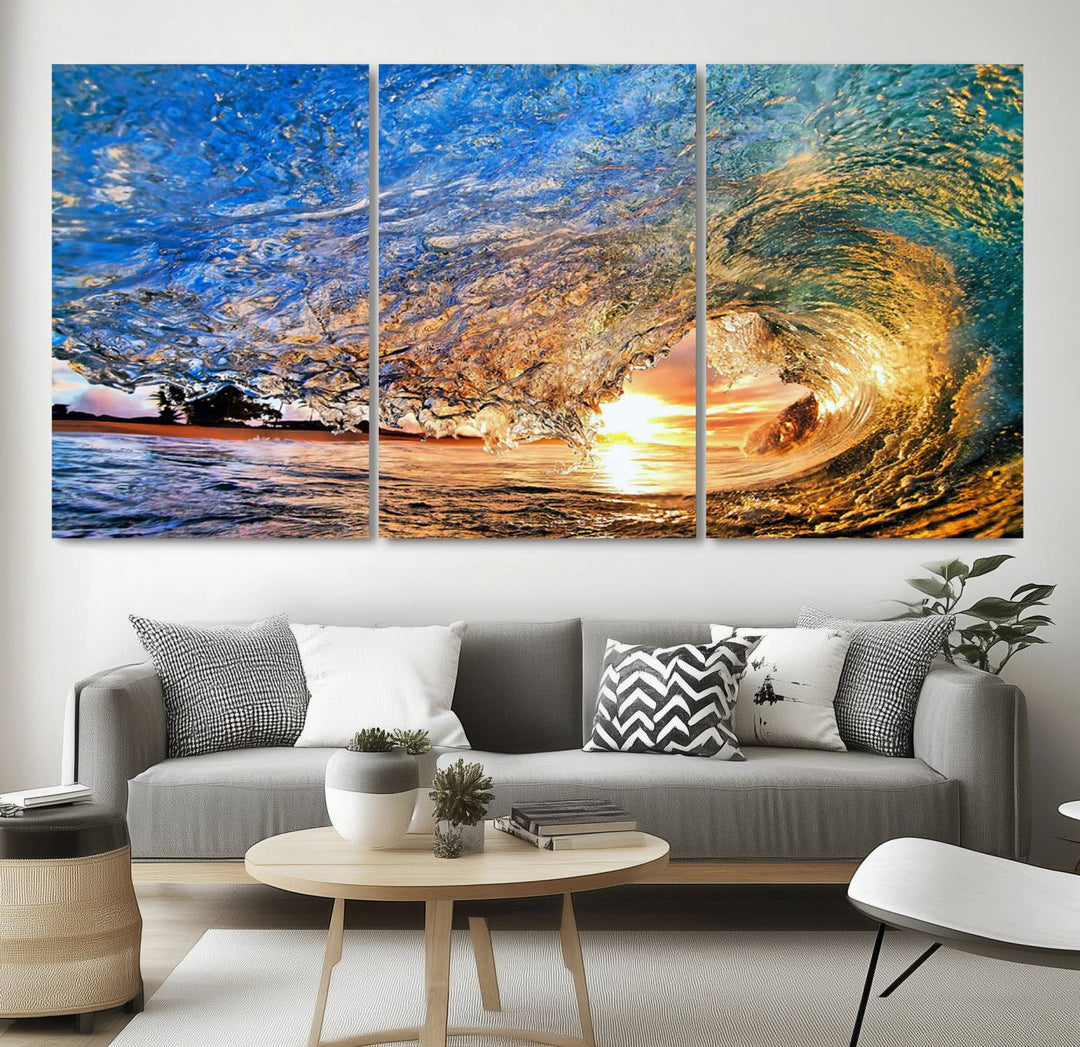 Ocean Wave at Sunset Canvas Print | Large Coastal Ocean Wall Art Print | Vibrant Beach Waves Art Print | Surf Lover Gift | Nautical Decor