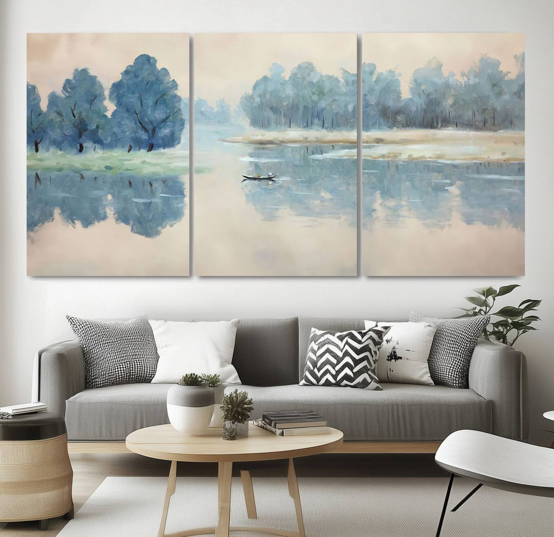 Landscape Printing Lake and Boat Scene | Serene Landscape Wall Art for Nature Lovers | Ready to Hang Triptych Canvas Print | Peaceful Blue Trees and Water Reflection Decor